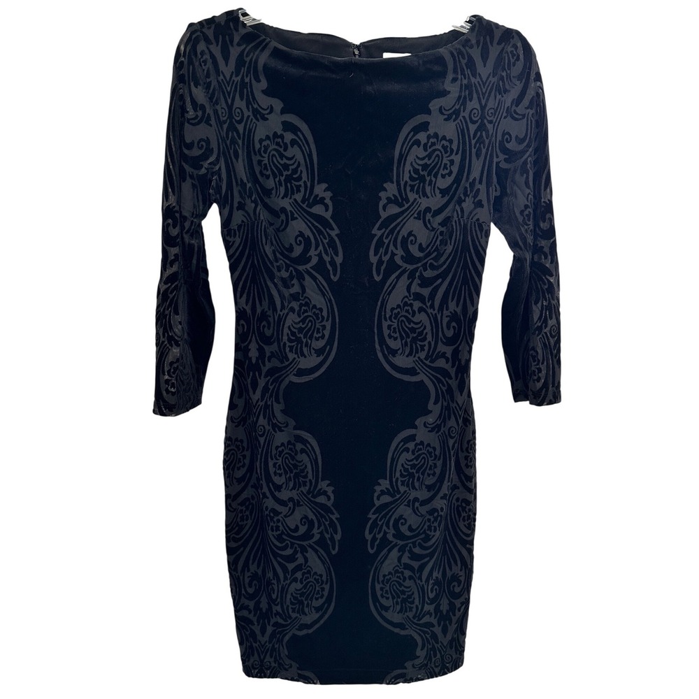 Cache Black Velvet Burnout Damask Sheath Dress 3/4 Sleeve Size 6‎